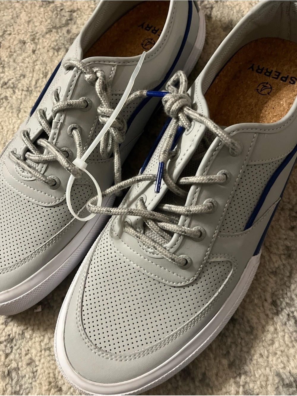 Sperry Men’s Light Gray Perforated Boat Shoes with Blue Accent